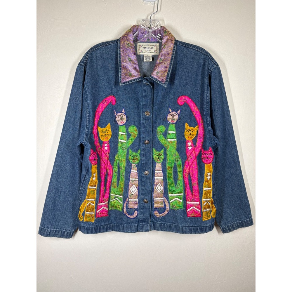 Vintage Womens Cats Art to Wear Denim Shirt Shacket Small Embroidered Patchwork